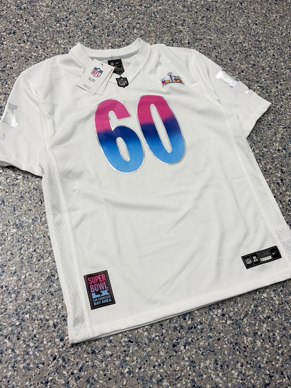 Nike White NFL Super Bowl Tribute Jersey with Pink-to-Blue Gradient 60